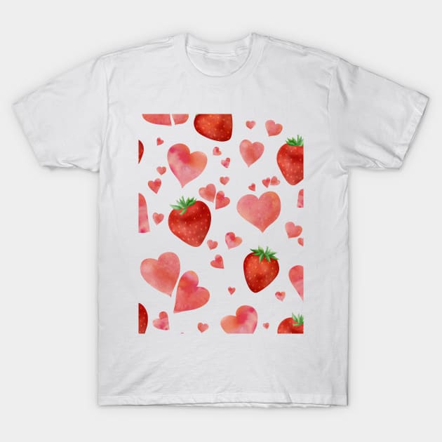 Hearts and strawberries watercolor romantic pattern. Sweet valentine print. T-Shirt by likapix
